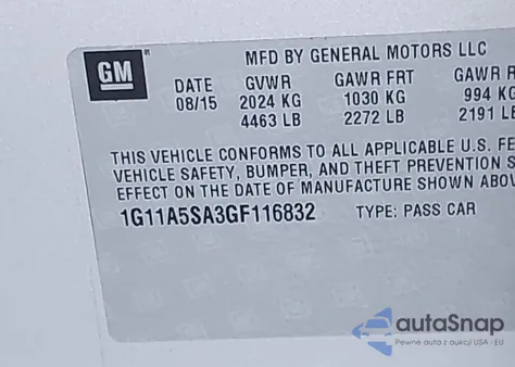 2016 Chevrolet Malibu Limited 1Fl z USA, uszkodzony, nr VIN 1G11A5SA3GF116832